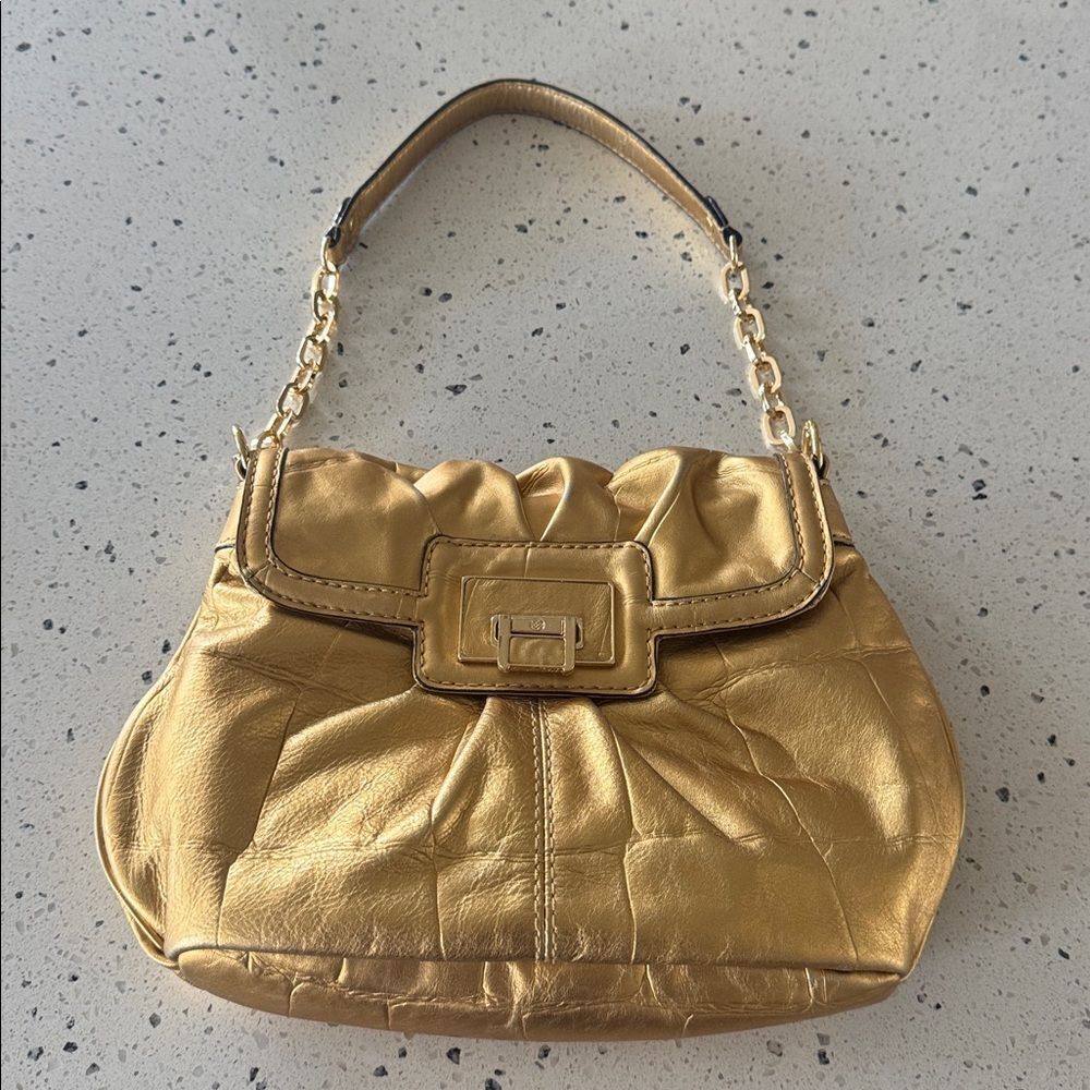 Antonio Melani Gorgeous Gold Metallic Leather Shoulder Hand Bag with Chain Strap